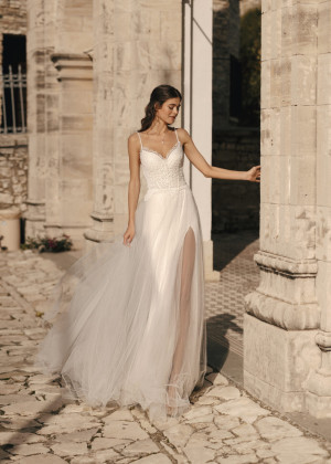 Beaded Spaghetti Straps Ivory Eyelash Lace Tulle Slit Wedding Dress